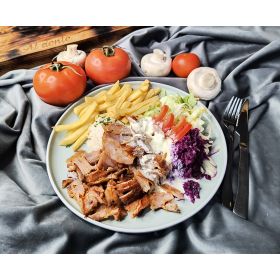 Kebab tanier/ ryža, hranolky