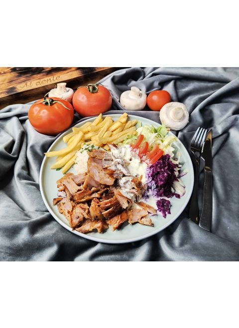 Kebab tanier/ ryža, hranolky