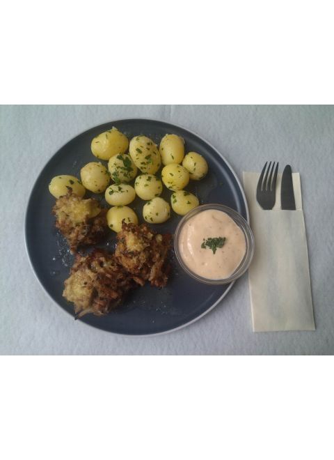 Plnené šampiňóny 150g, baby zemiaky, dresing